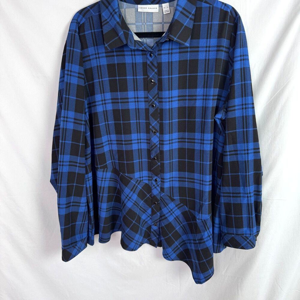 Susan Graver Women's Top Blous Size XL Blue/Black Plaid Asymmetrical Hem